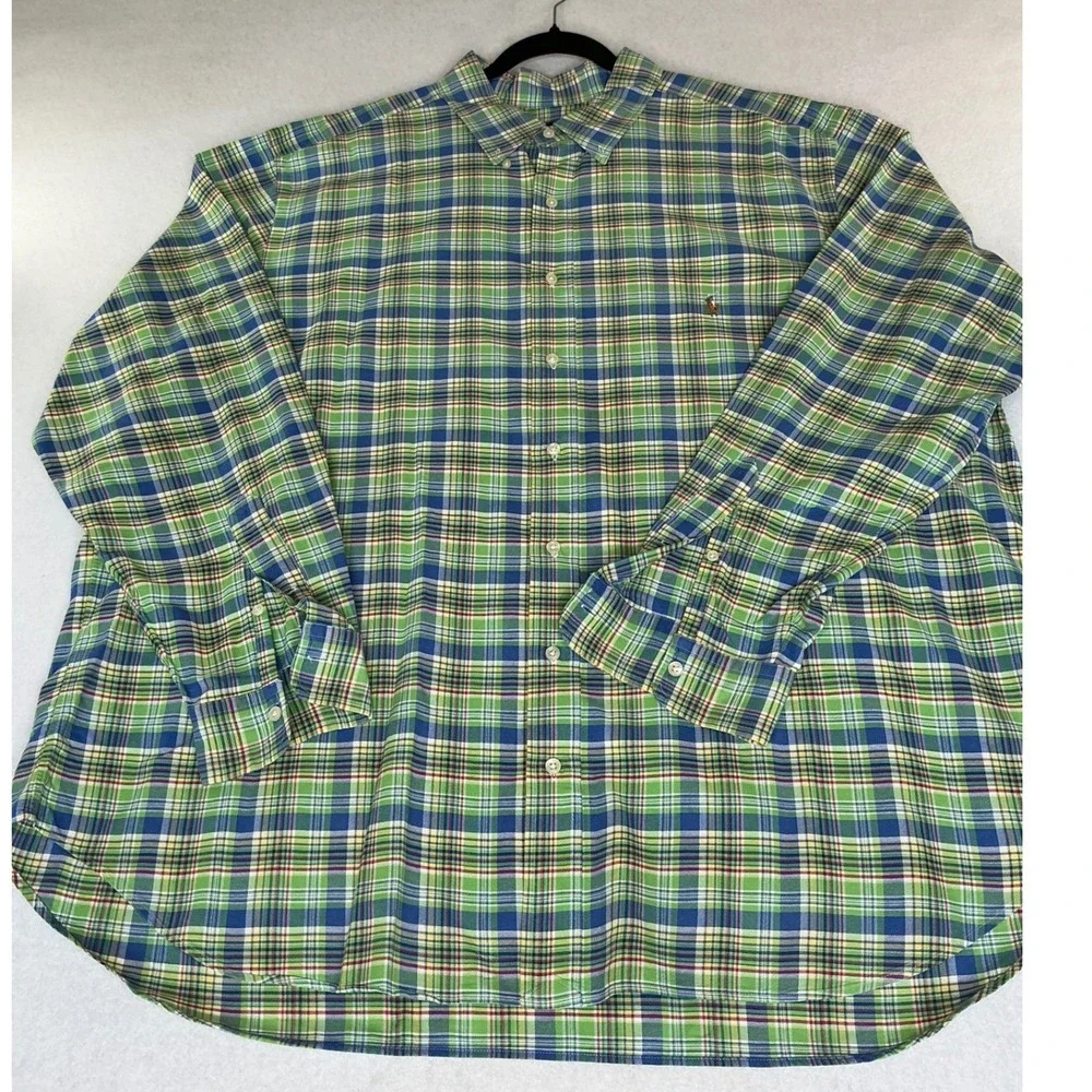 Ralph Lauren Button Down Shirt Mens 2XB Green Blue Plaid Classic Fit Long Sleeve